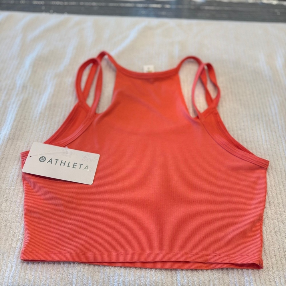 Athleta‎ Renew High Neck Crop Tank Top Ribbed Coral Orange Womens Size M NWT